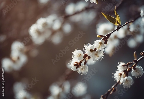 Flowering willow branches glow in sunlight outdoors in spring on dark background close-up macro Atmo