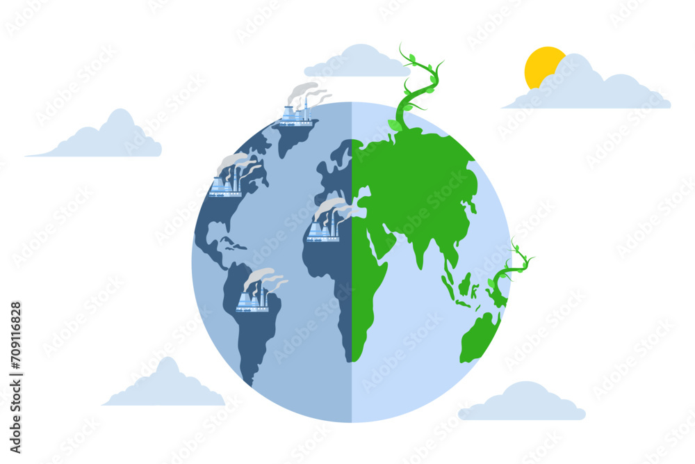Fototapeta premium concept of green energy and air pollution. Coal-fired power plants produce polluting CO2 emissions and are clean and sustainable power plants with renewable energy. Climate change concept. flat vector