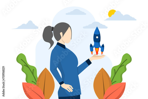concept of innovation for success, Confident businesswoman holding rocket project thinking about launch. Business and startup projects, starting a new business, opportunities to discover new products.
