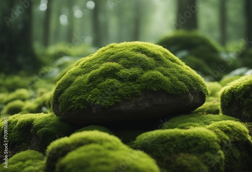 Large stone covered with green moss isolated on white background