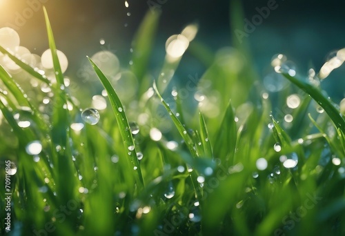 Large water drop rain dew in spring summer grass close-up macro Young juicy green Shoots sprouts of
