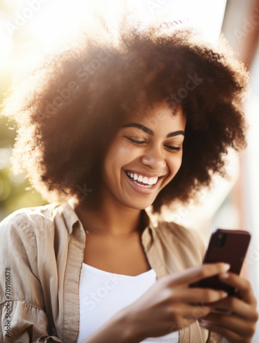 African young woman looking at the smartphone and laughing closeup.