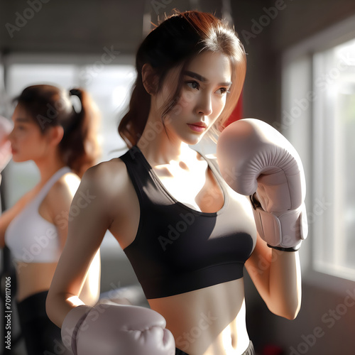 Sporty girl doing boxing exercises