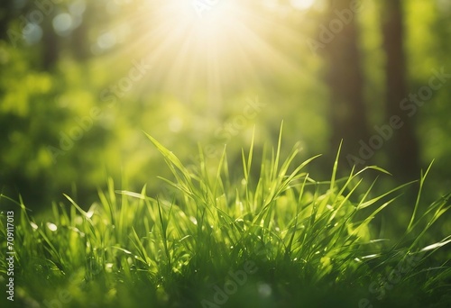 Natural green defocused spring summer blurred background with sunshine Juicy young grass and foliage