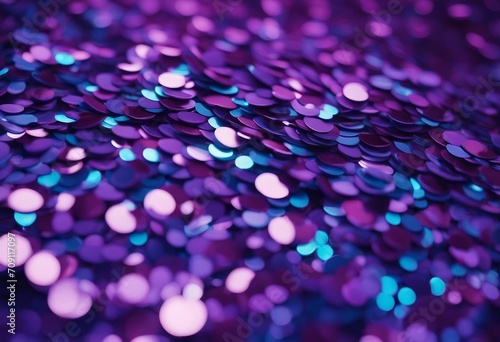 Sequins close-up macro Abstract background with blue sequins and lilac color on the fabric Texture s photo