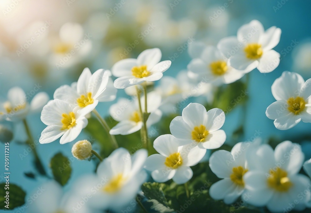 Spring forest white flowers primroses on a beautiful gentle light blue background Macro Floral deskt Spring forest white flowers primroses on a beautiful gentle light blue background Macro Floral deskt