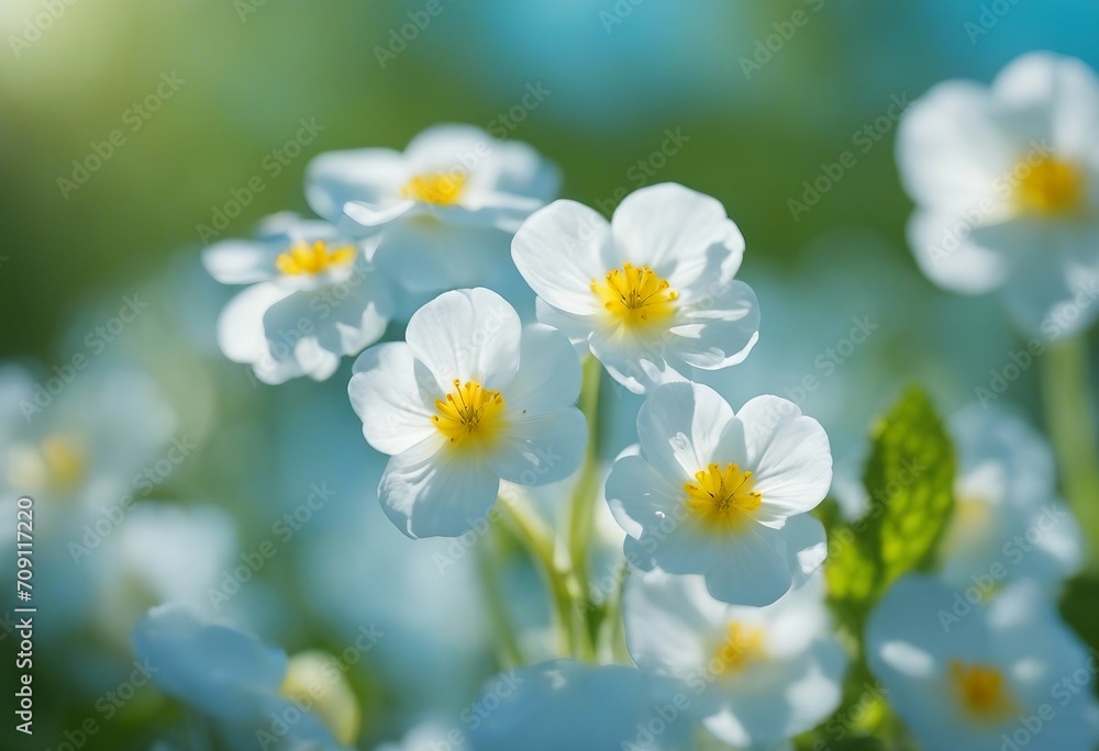 Spring forest white flowers primroses on a beautiful gentle light blue background Macro Floral deskt