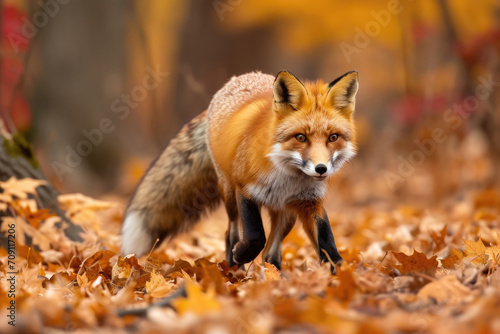 A red fox gracefully moves through an autumn forest