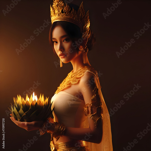 Beautiful young woman in traditional Thai dress holding krathong flower in her hands in loy krathong day concept
