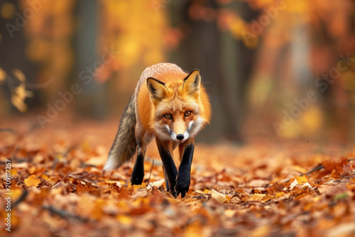 A red fox gracefully moves through an autumn forest © Venka