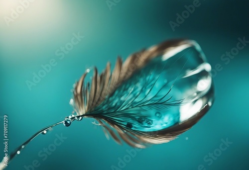 Transparent turquoise drop of pure water on feather blurred blue background macro Elegant expressive