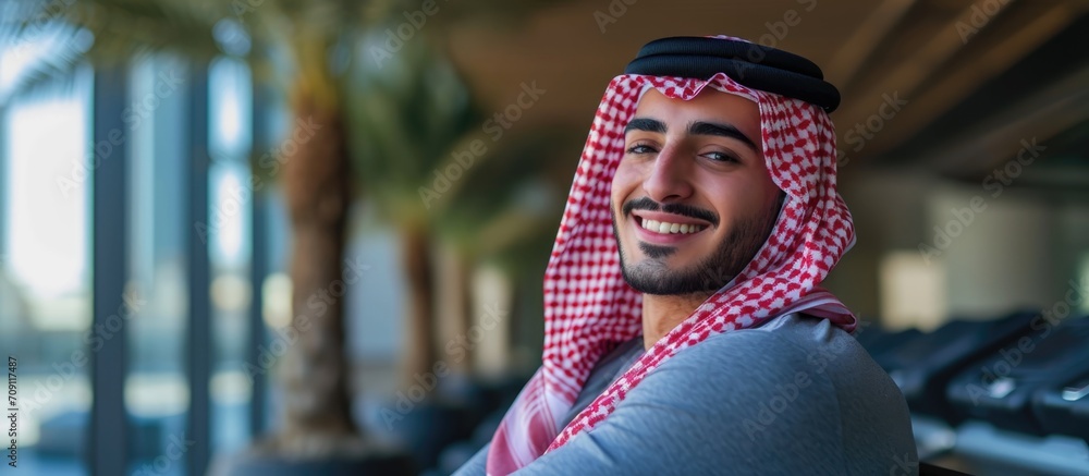 Arab athlete resting, smiling, and enjoying a healthy lifestyle after gym training.