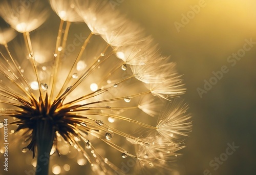 Water drops on dandelion seed macro in nature in yellow and gold tones photo