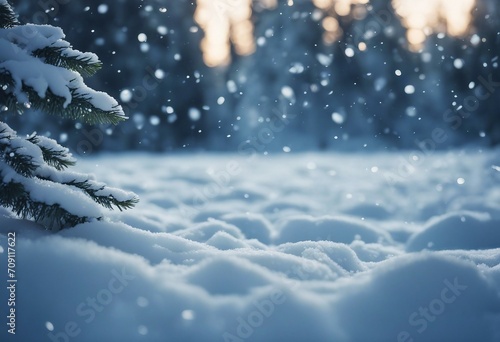 Winter Christmas scenic background with copy space Snow landscape with spruce branches covered with