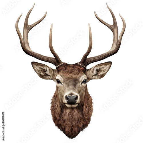 Deer head with antlers isolated on a white or transparent background close-up. Overlay of deer head for insertion. A design element to be inserted into a design or project.
