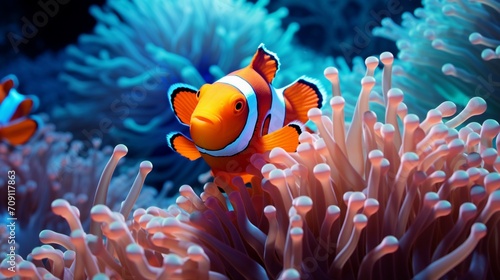 Camouflaged Beauty Showcase a clownfish perfectly camouflaged within the anemone, blending in seamlessly with the tentacles and the surrounding environment