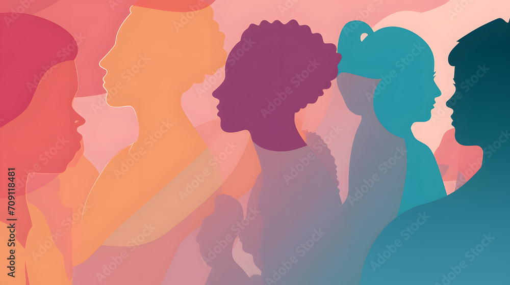 cross cultural, racial equality, multi ethical, diversity people. woman and man power, empowerment, tolerance, discrimination. wide banner background of human profile silhouette, vector illustration