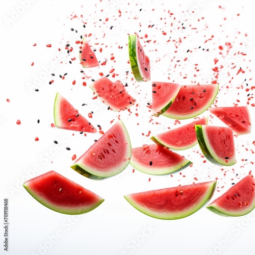 Dancing slices of watermelon  white background - Generative AI 