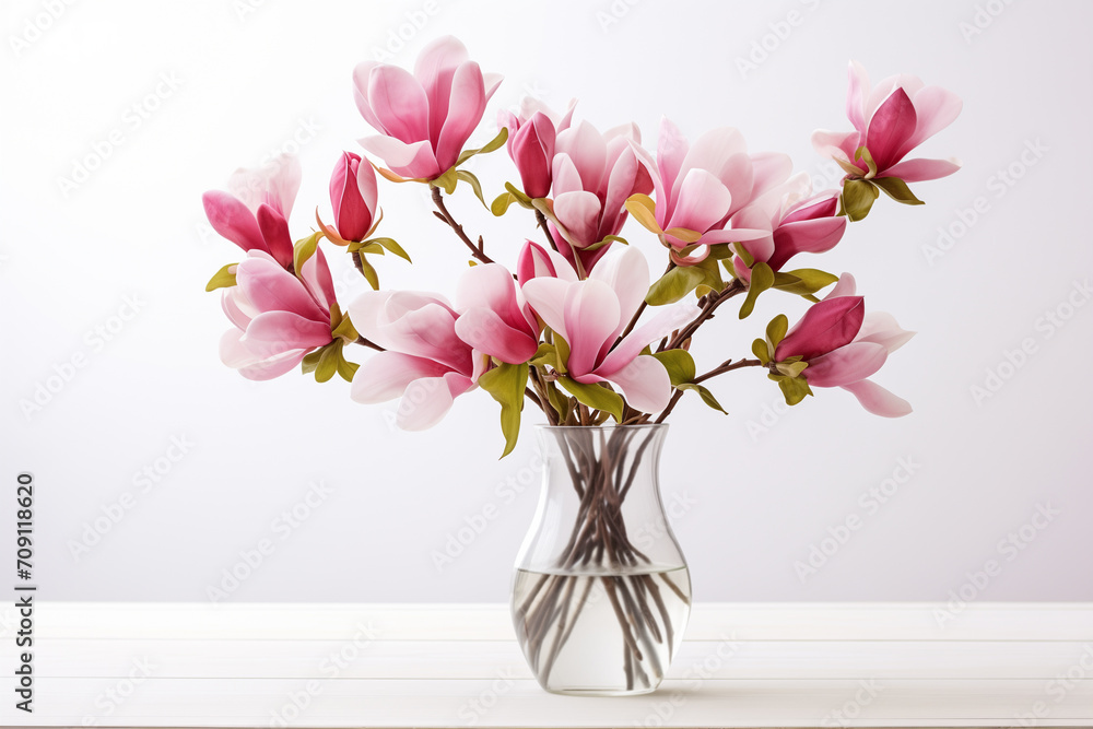 Beautiful pink magnolia flowers bouquet. Large magnolia branches in matt glass vase on light background. Spring blossom light color petals interior photo