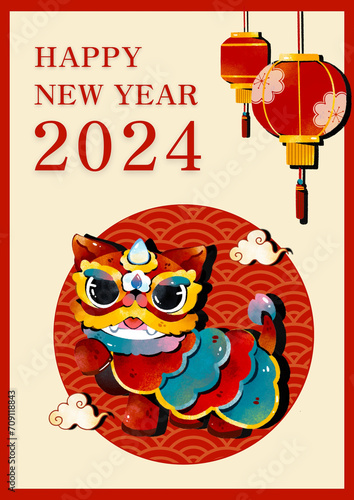 Happy Chinese New Year 2024 postcard with Chinese lion dance, red lanterns,  and clouds