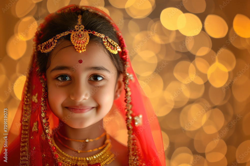 a happy indian girl wearing traditional red attire bokeh style background
