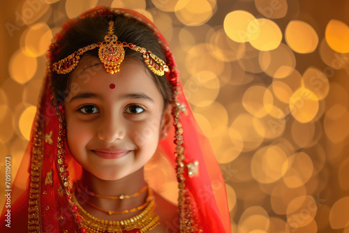a happy indian girl wearing traditional red attire bokeh style background