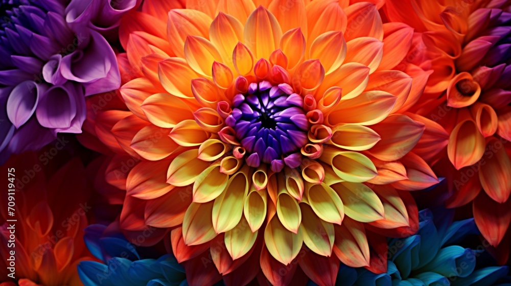 Color Explosion Capture a close-up of a single Dahlia flower, emphasizing its vibrant color and intricate petal details. Showcase the vivid hues and delicate textures of the petals