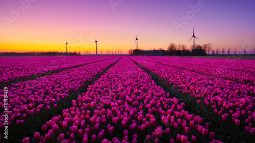 A field of tulips during sunset. A wind generator in a field in the Netherlands. Green energy production. Landscape with flowers during sunset. Netherlands.