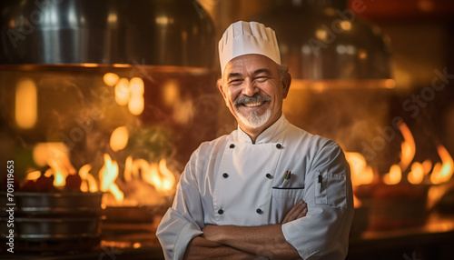 A professional male chef in his immaculate uniform and signature hat  lights up the kitchen with his infectious smile  bringing laughter and joy to the culinary spac