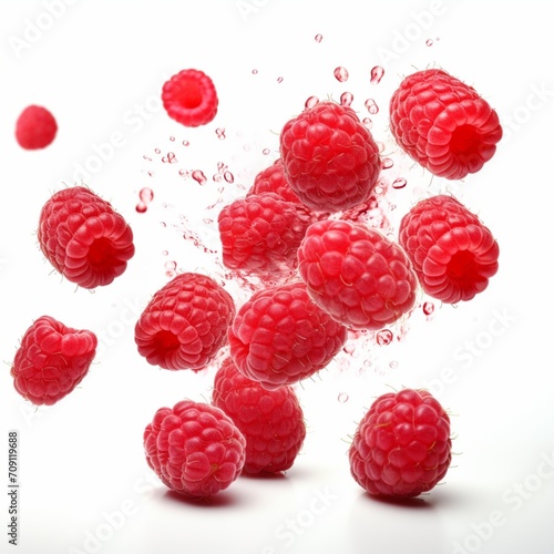 Falling raspberries, isolated on white: High-resolution individual shots - Generative AI