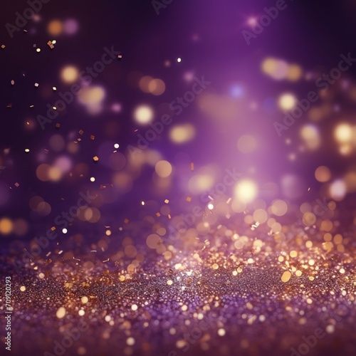 Prple and golden particles dancing. Festive Christmas setting adorned with silver stars and radiant red sparkles. - Generative AI