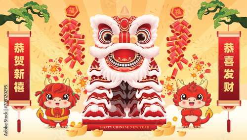 Vintage Chinese new year poster design with lion dance. Chinese wording means Happy new year, Wishing you prosperity and wealth, Prosperity