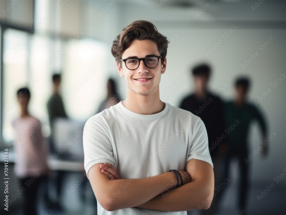 happy european high school student guy standing in classroom with arms crossed. happy european high school student guy standing in classroom with arms crossed.