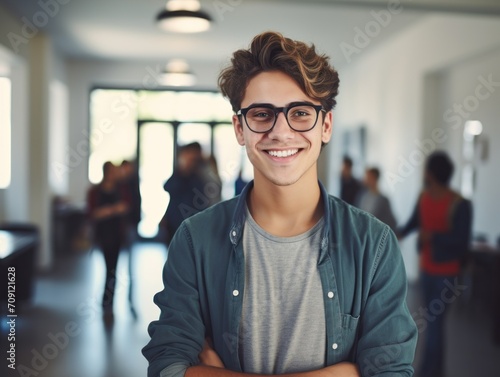 happy european high school student guy standing in classroom with arms crossed.