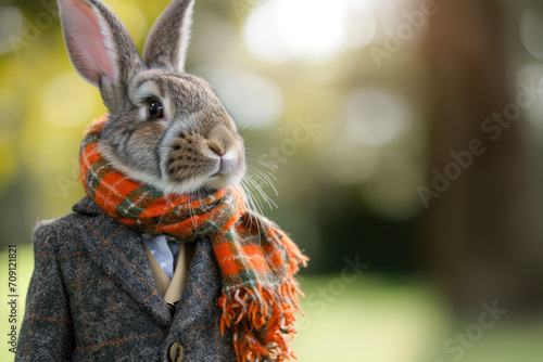 Rabbit dressed to impress in a sharp ensemble featuring a tailored jacket and a trendy carrot-patterned scarf  projecting charm and poise with a touch of bunny allure.