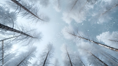 A beautiful winter forest when it is snowing. Looks from below to the sky. 