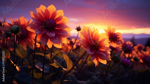 Dahlia Silhouette Photograph Dahlia flowers as silhouettes against the backdrop of the setting sun. Focus on the dark outline of the flowers, contrasting them against the colorful evening sky