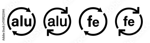Aluminium and iron recycling code icon set. Metal recycling symbo icon set. Circular Iron and aluminium recycling symbols. Alu and Fe recycling codes 40 and 41 for industrial and factory usage.