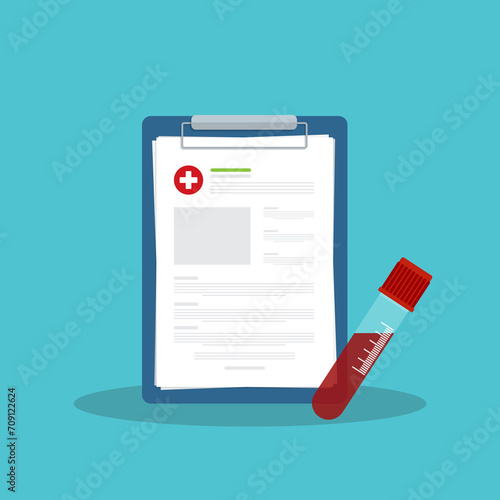 Blood analysis. Blood test. Medical research report clipboard with medical sample in a glass tube.