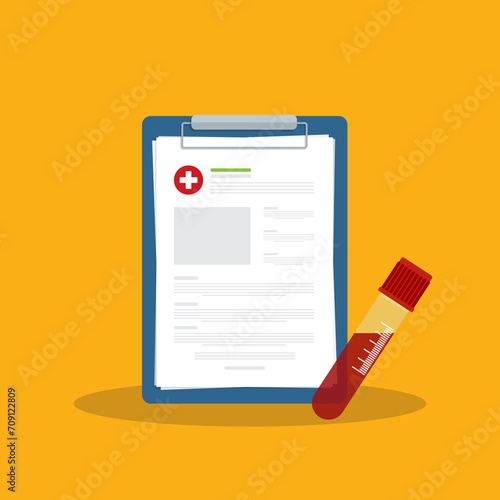 Blood analysis. Blood test. Medical research report clipboard with medical sample in a glass tube.