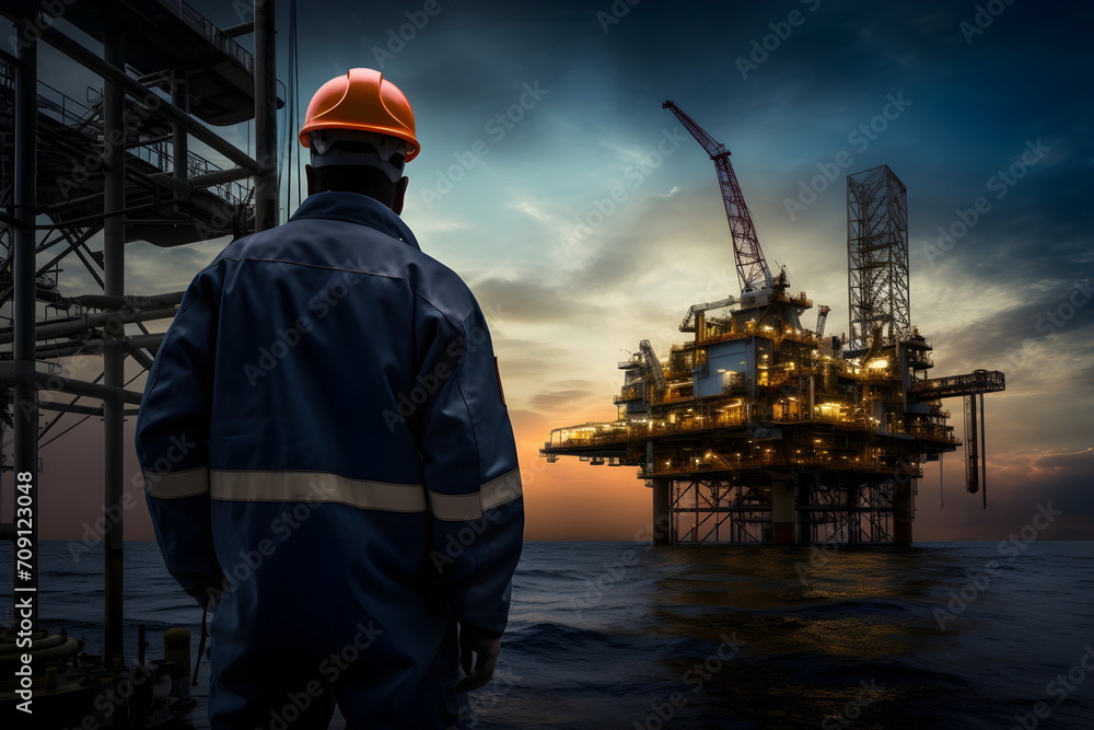 engineer man stand in front of ocean oil rig, Generative AI engineer man stand in front of ocean oil rig, Generative AI