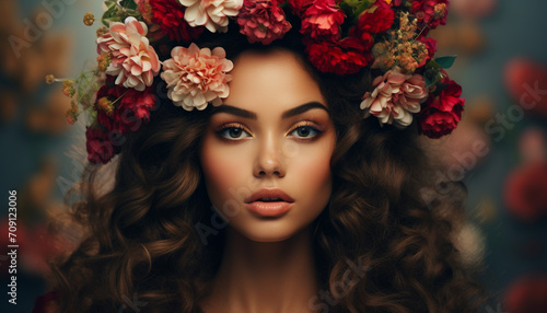 A trendy photo showing a stunning young woman with flowers in her hair, showing off flawless makeup, flawless complexion, and generally beautiful looks