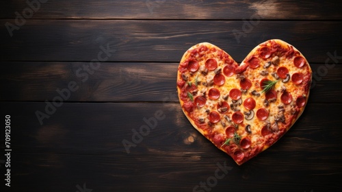 Heart shaped pizza for Valentines day on dark rustic wooden background. Top view, copy space.