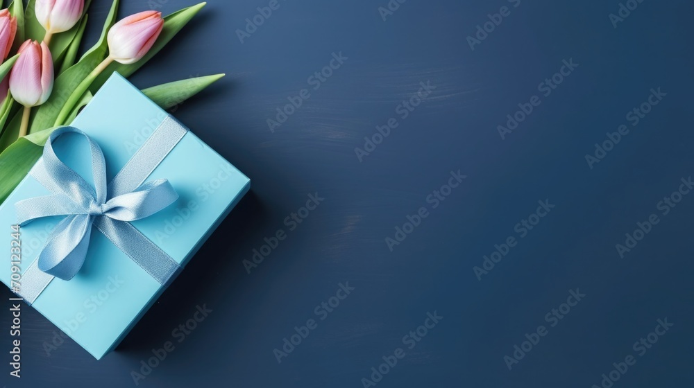 tulips and gift, box on a blue background. card for Valentine's Day, March 8, Mother's Day, Birthday. Place for text - obrazy, fototapety, plakaty 