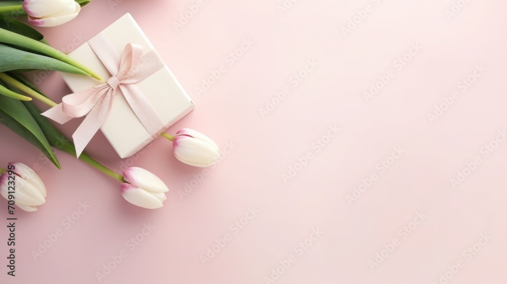violet tulips and gift, box on a background. card for Valentine's Day, March 8, Mother's Day, Birthday. Place for text