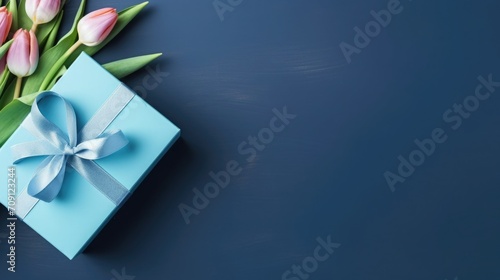 tulips and gift, box on a blue background. card for Valentine's Day, March 8, Mother's Day, Birthday. Place for text photo