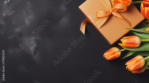 orange tulips and gift, box on a background. card for Valentine's Day, March 8, Mother's Day, Birthday. Place for text