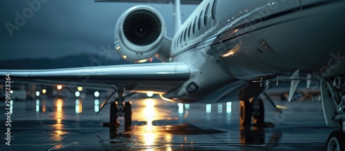 Close-up view of the white engine on a private business jet, with high level of detail.