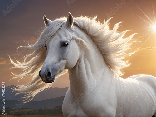 portrait of a white horse with long hair blowing in the wind at sunset