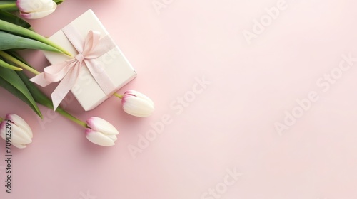 violet tulips and gift, box on a background. card for Valentine's Day, March 8, Mother's Day, Birthday. Place for text